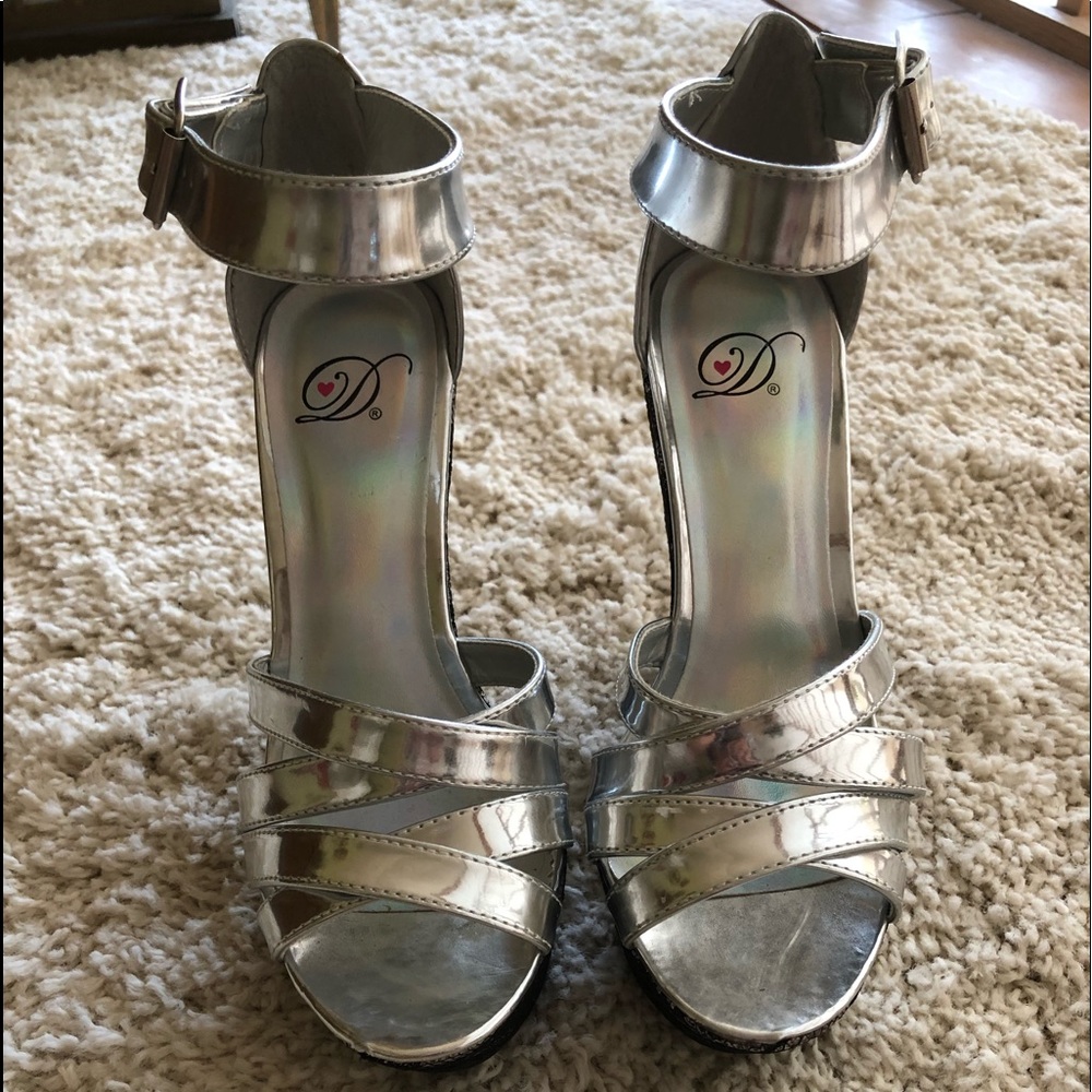 Silver and Black Lace Ankle Strap Wedge Heels